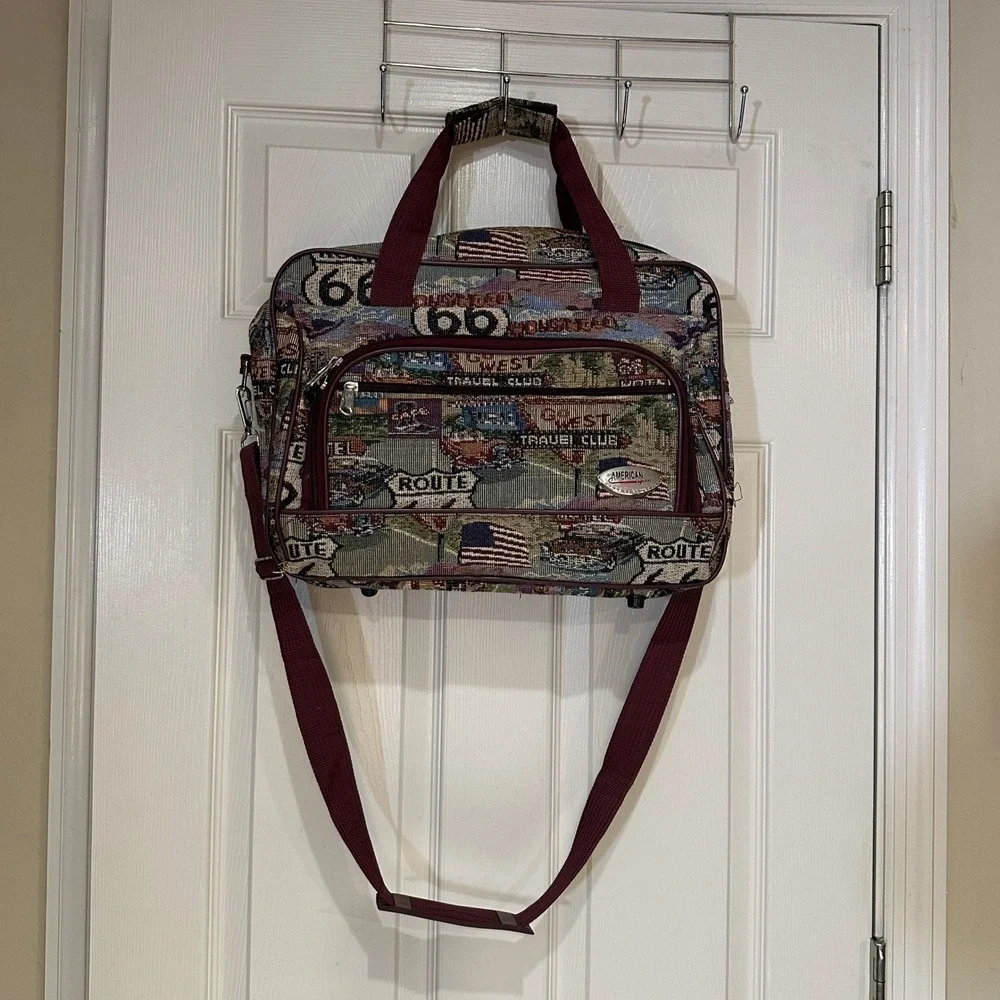 American Uni Route 66 Tapestry Messenger Bag Americana Travel Crossbody Burgundy